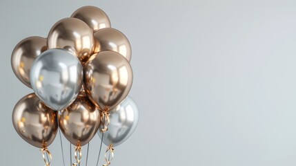Silver and Golden balloons with ribbons on white background. 
