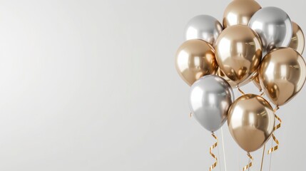 Silver and Golden balloons with ribbons on white background.	
