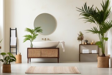 Luxurious bathroom with white walls, oval mirror, bathtub, shower, plants, parquet floor