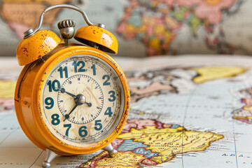 vintage alarm clock on world map Keywords, planning for travel