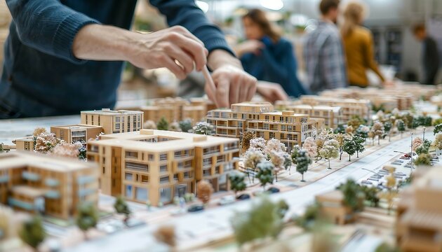 Real Estate Development Master Plans, master plans for real estate development projects with an image featuring developers and investors examining blueprints for mixed-use developments, AI