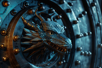 A close up of a dragon head on a metal door