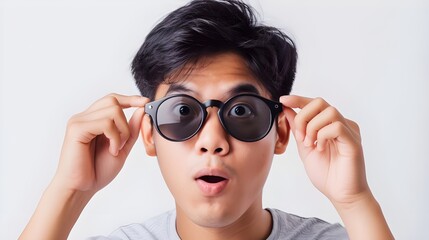 portrait of asian man looking surprised wow face takes off sunglasses and staring impressed camera standing white background