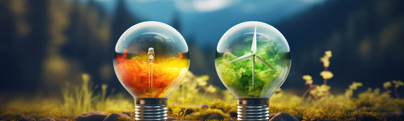 Abstract conceptual background with light bulbs working on fossil fuel and on green energy. Concept of switching to alternative power sources. - obrazy, fototapety, plakaty