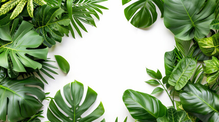 Tropical Leaf Border with White Center Space, An elegant frame composed of various tropical leaves with a central white space for design versatility.