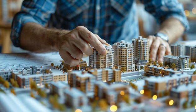 Real Estate Development Master Plans, master plans for real estate development projects with an image featuring developers and investors examining blueprints for mixed-use developments, AI
