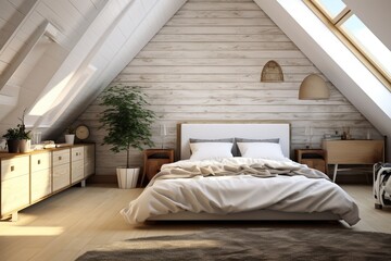 Fototapeta na wymiar Cozy attic bedroom with a bed, dresser, and window, featuring sloped ceilings and exposed beams. The warm wooden walls and floors create a rustic and inviting atmosphere