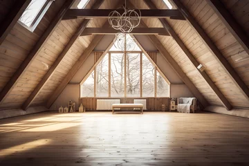 Foto op Canvas empty attic with exposed wooden beams and a large window that lets in plenty of natural light. The unfinished wood gives the space a warm and rustic feel, while the large window offers stunning views © wiwid