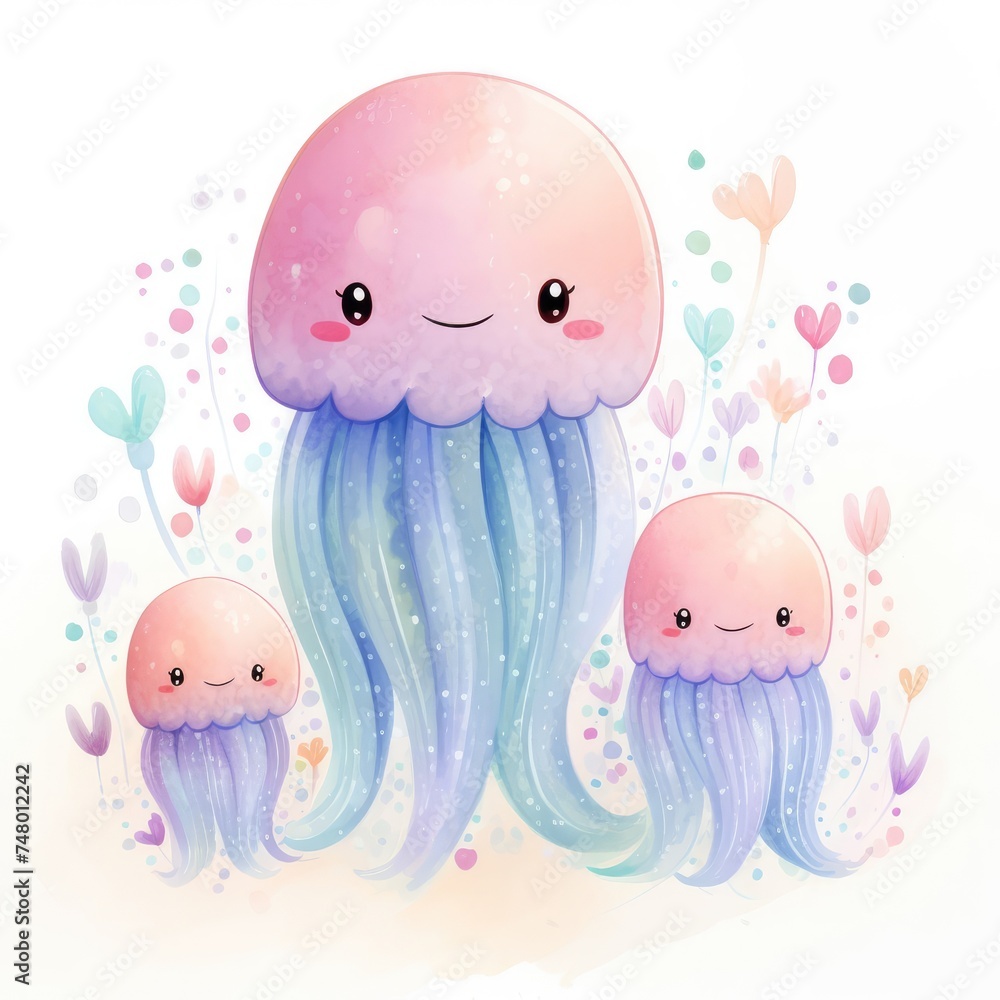 Wall mural illustration of a family of cute jellyfish on a white background.