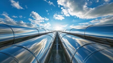 Industrial Steel Pipes Against Blue Sky, Shiny metal industrial pipes at a processing plant, with a clear blue sky in the background.