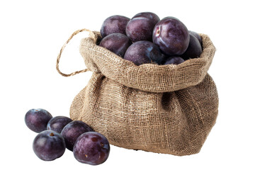 Obraz premium Plum fruit harvest in jute sack back isolated on background, farm product for cultivation.