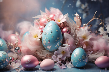 Decorative easter eggs with flowers as a holiday concept background.
