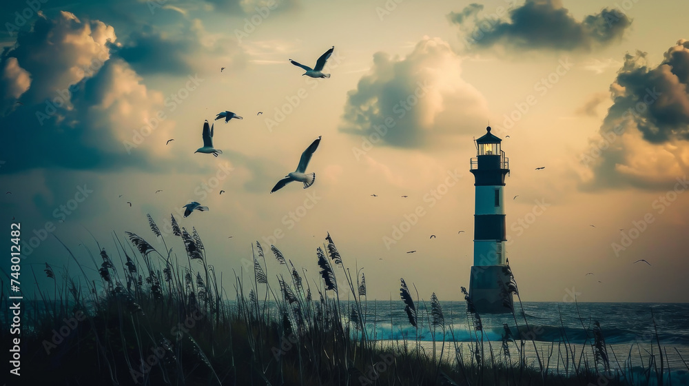 Sticker Lighthouse amidst flying birds at twilight - Tranquil seaside scenery featuring a lighthouse with birds in flight at dusk, evoking peace and freedom