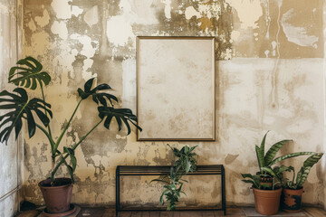 Old frame and plants in a vintage room - An empty vintage frame surrounded by lush potted plants against an aged wall in an antique styled room creates a setting of nostalgia