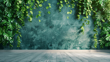 Ivy leaves on grunge wall with wooden floor - An empty room with wooden flooring and grunge textured wall adorned with full green ivy leaves hanging naturally