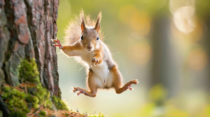Naklejka na ściany i meble Jumping squirrel with stunning forest backdrop - An animated red squirrel captured in motion against a breathtaking backdrop of a sunlit forest glade