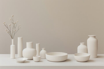 Fototapeta na wymiar Minimalistic Ceramic Vases and Bowls on Display - A collection of various white ceramic vases and bowls presented in a clean, minimalistic arrangement on a beige background
