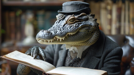 Alligator in Vintage Attire Reading a Book , A whimsical portrayal of an alligator dressed in vintage clothing and reading a book in a classic library setting - obrazy, fototapety, plakaty