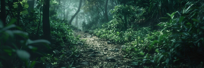Misty forest pathway with lush green foliage - A serene pathway in a dense forest, mist hovering over the ground, surrounded by vibrant green foliage