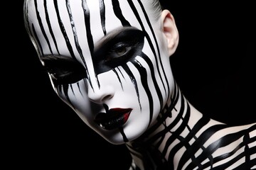 a woman with black and white face paint - obrazy, fototapety, plakaty
