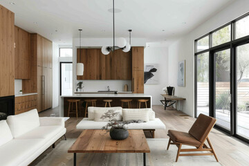Fototapeta na wymiar Modern minimalist kitchen and living area - An interior design image featuring a modern minimalist kitchen and living space with wood accents and natural light
