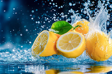 Fresh lemons with a green leaf splashing into water, creating dynamic droplets and waves, against a blue background, ai generative - Powered by Adobe