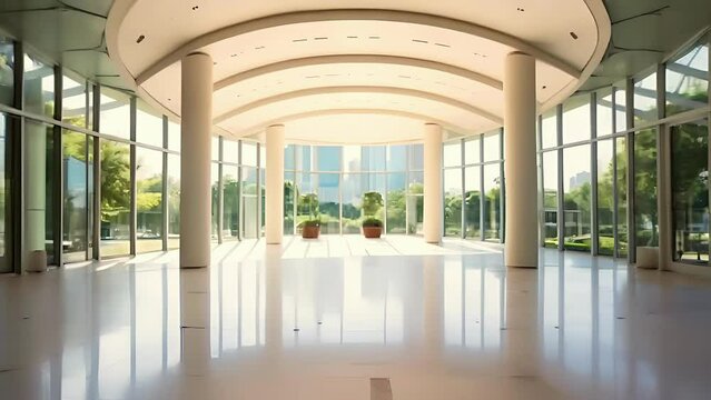The modern interior hall of the building features an elegant curved staircase and large windows through which natural light enters, creating a play of light and shadow on the floor. Concept: modern ur