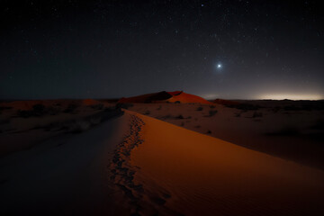 A serene night desert landscape, starry sky illuminating sand dunes, distant mountains, and a path marked by footprints, ai generative