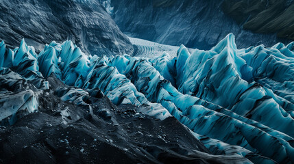 jagged, blue ice formations amidst a rugged landscape. The ice formations are contrasted against a dark, rocky terrain