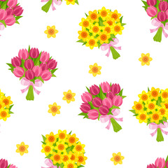 Floral background. Tulips and daffodils bouquets. Seamless pattern with beautiful spring flowers. Vector cartoon flat illustration.