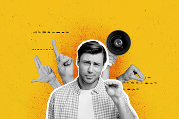 Photo collage of young stressed man in shirt gesture silence shut up symbol when community talking...