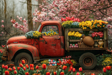 Vibrant red vintage truck adorned with colourful spring flowers and Easter eggs in bloom. This image is designed for use as a seasonal greeting card, advertisement, or a festive photograph background. - obrazy, fototapety, plakaty