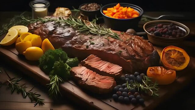 Still life with exquisitely served steak meat on a wooden board garnished with fresh herbs, lemon and grapes,
Concept: cooking, stack recipes, healthy eating publications, restaurant menus or culinary