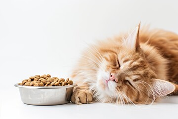 a happy cat lies with a bowl of dry pet food. isolated on white background. funny cat sleeps after a hearty lunch - Powered by Adobe