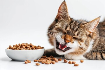 funny happy cat at a bowl of food, white background.  cat chews food