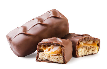 Chocolate bar with nuts and caramel close-up on a white. Isolated