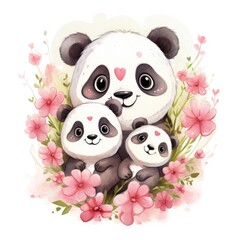 Illustration of a family of cute pandas on a white background