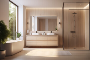 The interior of a modern bright bathroom. A comfortable bathtub by the window, a large mirror with a dressing table, green plants. A cozy spacious bathroom in pastel beige tones in an apartment, house