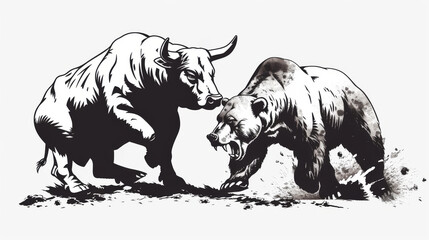 Bull and Bear in Stylized Stock Market Battle, Illustration of a bull and bear fiercely confronting each other, symbolizing the stock market volatility.