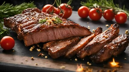 barbecue grilled meat in the garden, Juicy Grilled Steak on Barbecue over Flames in Nature. 4k video looping footage background,  Ai generative technology, stock video, food stock videos, juicy 