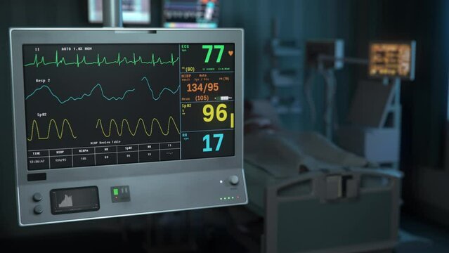 Modern machine is checking the vital signs of the coma patient at the clinic. Modern machine is analyzing the vital health signs. Modern machine is supervising the vital health markers. Health.