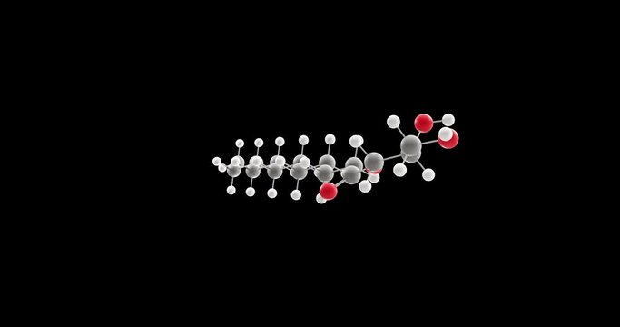 Monolaurin molecule, rotating 3D model of monoglyceride, looped video on a black background