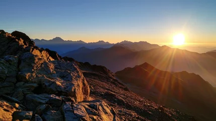 Foto op Plexiglas Mountain sunrise landscape view © thesweetsheep