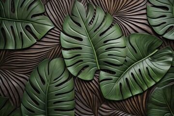 Natural and lively display with vibrant Monstera leaves on a textured wooden panel
