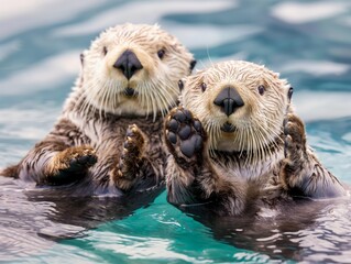 Two furry sea otters swimming in the water