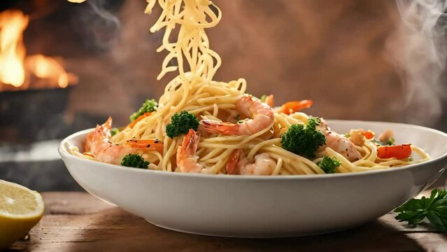 pasta with shrimps, pasta video, ood stock video, pasta video, festival food, seamless looping, 4k video looping, dinner stock videos, food recipes, youtube videos, stock ai, youtube recipes videos	