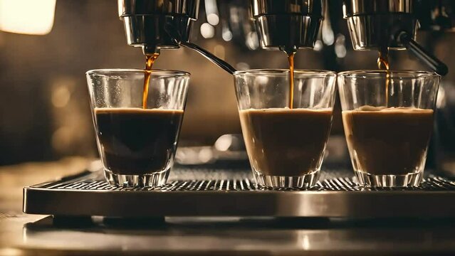 glass of coffee. espresso machine pouring coffee, soft focus, seamless looping animation, 4k video, food video animation, youtube video, ai video animation, stock life, coffee animation, looping, ai