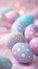 Colorful pastel easter eggs on bokeh background.