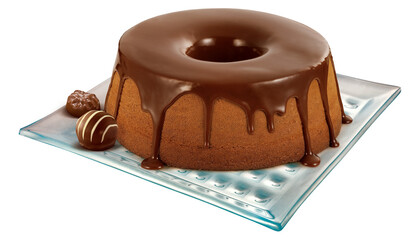 bolo de chocolate com cobertura de chocolate derretido acompanhado de bombom de chocolate ao leite isolado em fundo transparente