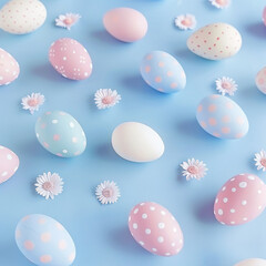 Easter eggs and flowers on pastel blue background. Happy Easter concept.